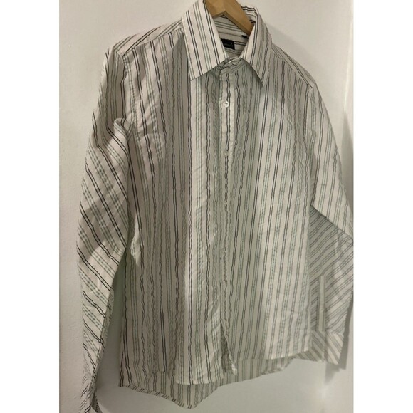 7 Diamonds Shirt Mens L Green Blue-white  Sandro Stripe Button Up Long Sleeve - Picture 1 of 9